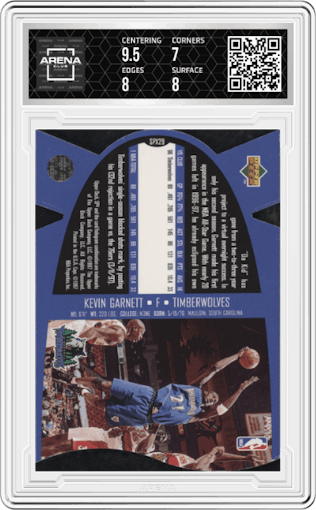 Kevin Garnett from the 1997 SPx set graded by Arena Club and given an overall grade of 7.5.