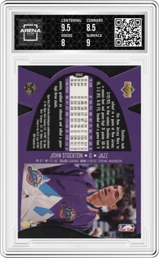 John Stockton from the 1997 SPx set graded by Arena Club and given an overall grade of 8.5.