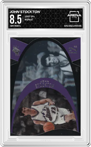 John Stockton from the 1997 SPx set graded by Arena Club and given an overall grade of 8.5.
