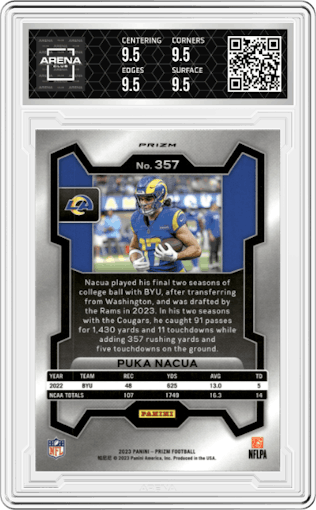 Puka Nacua from the 2023 Panini Prizm set featuring a Lazer parallel graded by Arena Club and given an overall grade of 9.5.