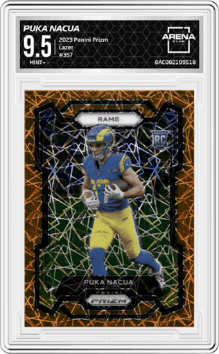 Puka Nacua from the 2023 Panini Prizm set featuring a Lazer parallel graded by Arena Club and given an overall grade of 9.5.