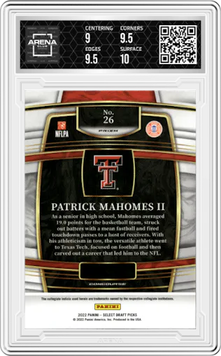 Patrick Mahomes II  from the 2022 Panini Select Draft Picks set featuring a Red Lazer parallel graded by Arena Club and given an overall grade of 9.5.