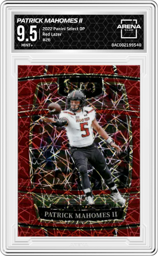 Patrick Mahomes II  from the 2022 Panini Select Draft Picks set featuring a Red Lazer parallel graded by Arena Club and given an overall grade of 9.5.