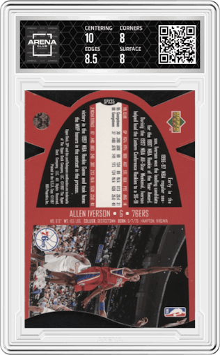 Allen Iverson from the 1997 SPx set graded by Arena Club and given an overall grade of 8.5.