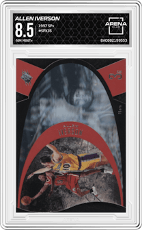 Allen Iverson from the 1997 SPx set graded by Arena Club and given an overall grade of 8.5.