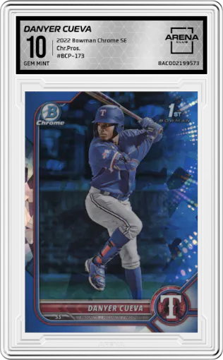 Danyer Cueva from the 2022 Bowman Chrome Sapphire Edition set graded by Arena Club and given an overall grade of 10.