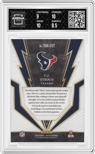 C.J. Stroud from the 2023 Panini Select set graded by Arena Club and given an overall grade of 9.5.
