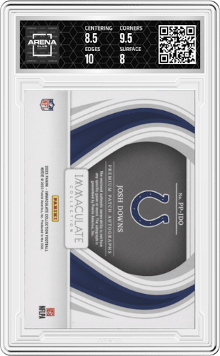 Josh Downs from the 2023 Panini Immaculate Collection  set featuring a Emerald parallel graded by Arena Club and given an overall grade of 8.5.