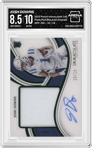 Josh Downs from the 2023 Panini Immaculate Collection  set featuring a Emerald parallel graded by Arena Club and given an overall grade of 8.5.