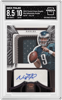 Nick Foles from the 2012 Panini Crown Royale set featuring a Purple parallel graded by Arena Club and given an overall grade of 8.5.