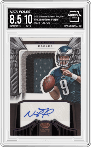 Nick Foles from the 2012 Panini Crown Royale set featuring a Purple parallel graded by Arena Club and given an overall grade of 8.5.