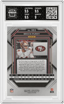 Brock Purdy from the 2022 Panini Prizm set graded by Arena Club and given an overall grade of 9.5.