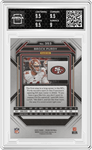 Brock Purdy from the 2022 Panini Prizm set graded by Arena Club and given an overall grade of 9.5.