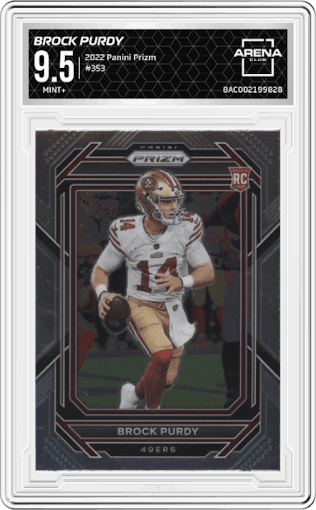 Brock Purdy from the 2022 Panini Prizm set graded by Arena Club and given an overall grade of 9.5.