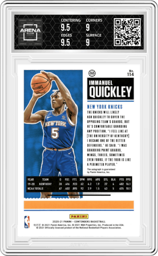 Immanuel Quickley from the 2020-21 Panini Contenders set graded by Arena Club and given an overall grade of 9.5.