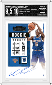 Immanuel Quickley from the 2020-21 Panini Contenders set graded by Arena Club and given an overall grade of 9.5.