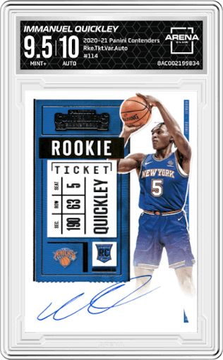 Immanuel Quickley from the 2020-21 Panini Contenders set graded by Arena Club and given an overall grade of 9.5.