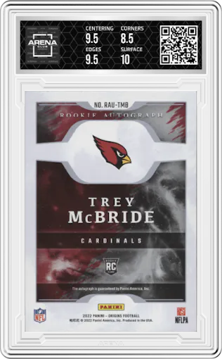 Trey McBride from the 2022 Panini Origins set featuring a Blue parallel graded by Arena Club and given an overall grade of 9.