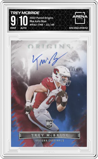 Trey McBride from the 2022 Panini Origins set featuring a Blue parallel graded by Arena Club and given an overall grade of 9.