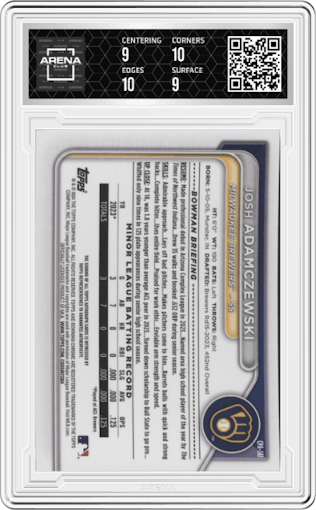 Josh Adamczewski from the 2024 Bowman Chrome set featuring a Green Refractor parallel graded by Arena Club and given an overall grade of 9.5.