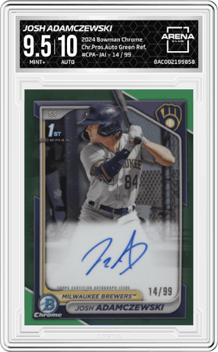 Josh Adamczewski from the 2024 Bowman Chrome set featuring a Green Refractor parallel graded by Arena Club and given an overall grade of 9.5.