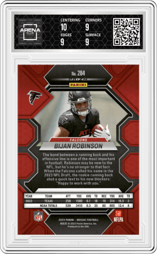 Bijan Robinson from the 2023 Panini Mosaic set graded by Arena Club and given an overall grade of 9.