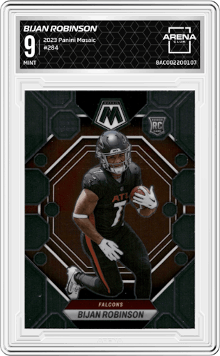 Bijan Robinson from the 2023 Panini Mosaic set graded by Arena Club and given an overall grade of 9.