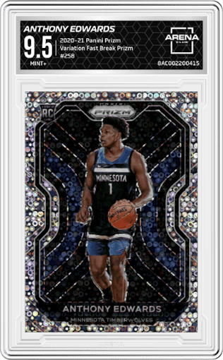 Anthony Edwards from the 2020-21 Panini Prizm set featuring a Fast Break Prizm parallel graded by Arena Club and given an overall grade of 9.5.