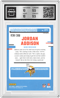 Jordan Addison from the 2023 Donruss Optic set featuring a Wave parallel graded by Arena Club and given an overall grade of 10.
