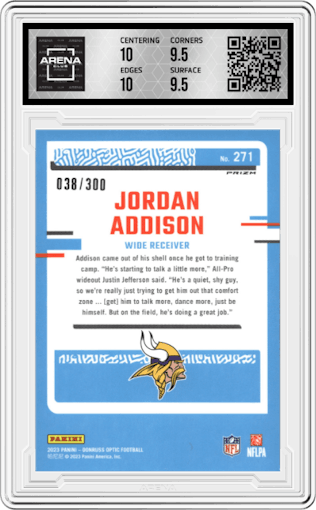 Jordan Addison from the 2023 Donruss Optic set featuring a Wave parallel graded by Arena Club and given an overall grade of 10.