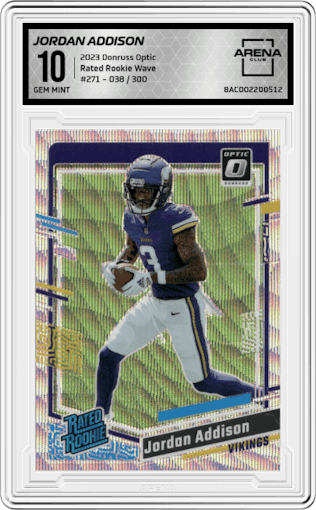 Jordan Addison from the 2023 Donruss Optic set featuring a Wave parallel graded by Arena Club and given an overall grade of 10.