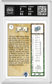 Ken Griffey Jr. from the 1989 Upper Deck set graded by Arena Club and given an overall grade of 9.