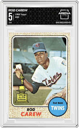 Rod Carew from the 1968 Topps set graded by Arena Club and given an overall grade of 5.