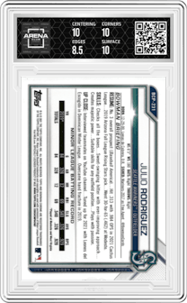 Julio Rodriguez from the 2021 Bowman Chrome set featuring a Green Refractor  parallel graded by Arena Club and given an overall grade of 9.