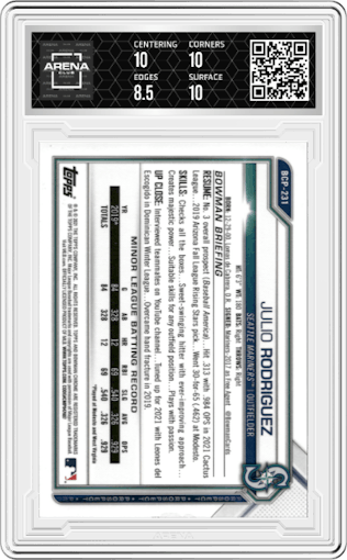 Julio Rodriguez from the 2021 Bowman Chrome set featuring a Green Refractor  parallel graded by Arena Club and given an overall grade of 9.