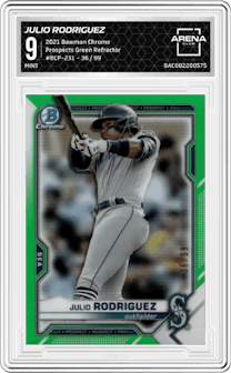 Julio Rodriguez from the 2021 Bowman Chrome set featuring a Green Refractor  parallel graded by Arena Club and given an overall grade of 9.