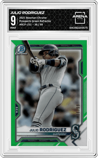 Julio Rodriguez from the 2021 Bowman Chrome set featuring a Green Refractor  parallel graded by Arena Club and given an overall grade of 9.