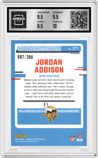 Jordan Addison from the 2023 Donruss Optic set featuring a Wave parallel graded by Arena Club and given an overall grade of 10.
