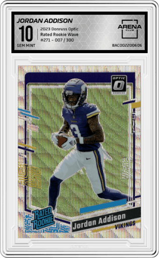 Jordan Addison from the 2023 Donruss Optic set featuring a Wave parallel graded by Arena Club and given an overall grade of 10.