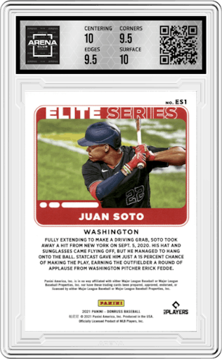 Juan Soto from the 2021 Panini Donruss set featuring a Pink Fireworks parallel graded by Arena Club and given an overall grade of 10.