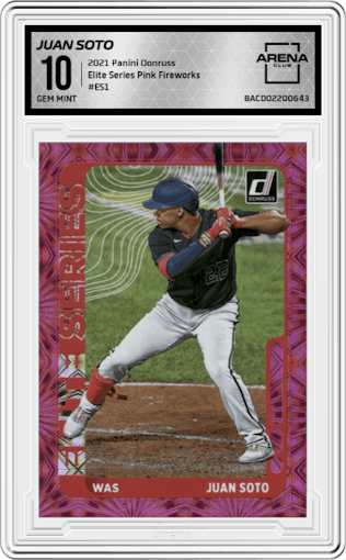 Juan Soto from the 2021 Panini Donruss set featuring a Pink Fireworks parallel graded by Arena Club and given an overall grade of 10.
