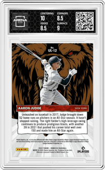 Aaron Judge from the 2022 Panini Donruss set featuring a Pink Fireworks parallel graded by Arena Club and given an overall grade of 9.