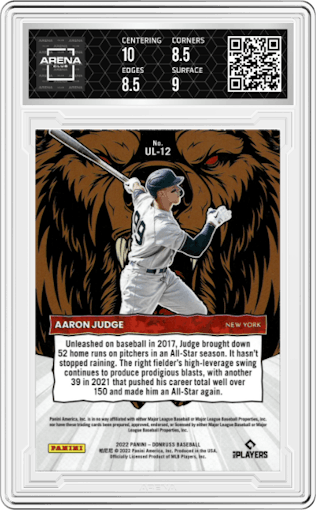 Aaron Judge from the 2022 Panini Donruss set featuring a Pink Fireworks parallel graded by Arena Club and given an overall grade of 9.