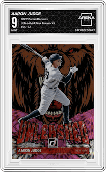 Aaron Judge from the 2022 Panini Donruss set featuring a Pink Fireworks parallel graded by Arena Club and given an overall grade of 9.
