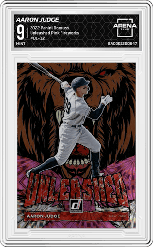 Aaron Judge from the 2022 Panini Donruss set featuring a Pink Fireworks parallel graded by Arena Club and given an overall grade of 9.