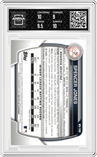 Spencer Jones from the 2023 Bowman Draft set graded by Arena Club and given an overall grade of 9.5.