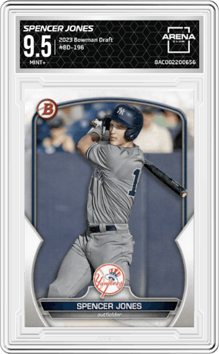 Spencer Jones from the 2023 Bowman Draft set graded by Arena Club and given an overall grade of 9.5.