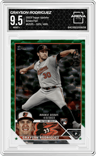 Grayson Rodriguez from the 2023 Topps Update set featuring a Green Foil parallel graded by Arena Club and given an overall grade of 9.5.