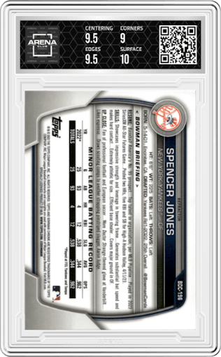 Spencer Jones from the 2023 Bowman Draft set featuring a Refractor parallel graded by Arena Club and given an overall grade of 9.5.