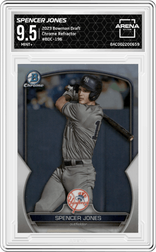 Spencer Jones from the 2023 Bowman Draft set featuring a Refractor parallel graded by Arena Club and given an overall grade of 9.5.